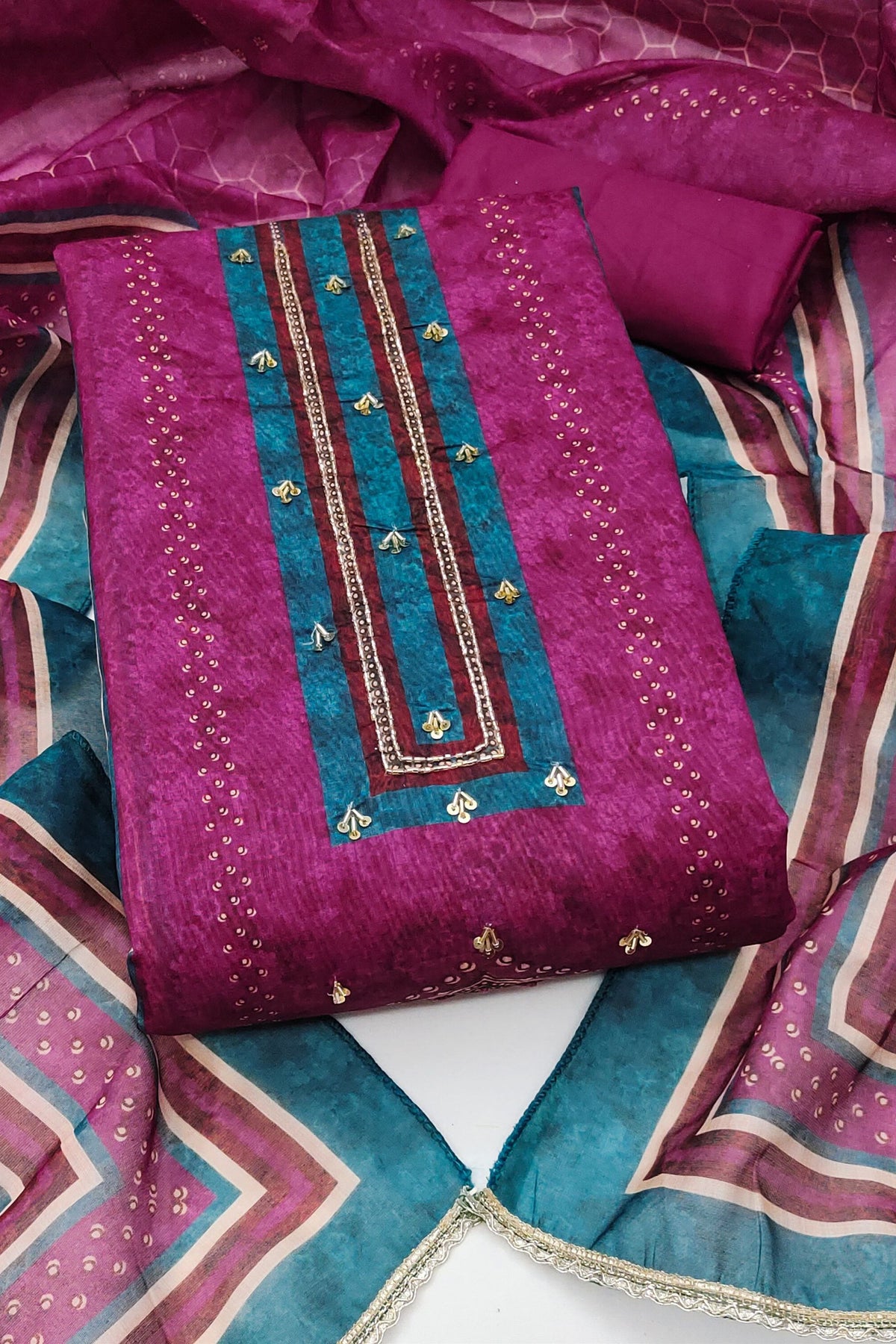 Enchanting Magenta Cotton Silk Designer Salwar Suit with Printed Design and Hand Work for Women