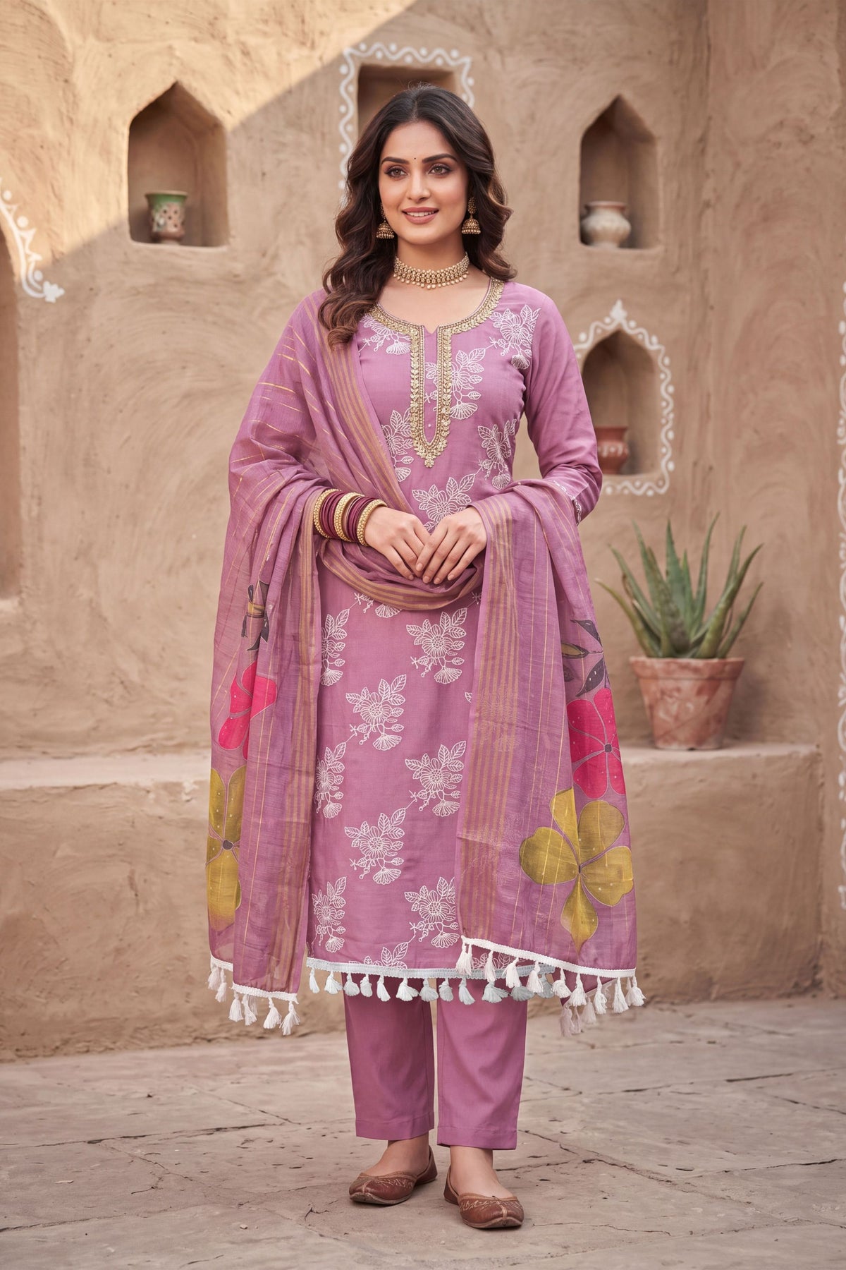 Graceful Mauve Pink Cotton Silk Designer Salwar Suit Printed Dupatta for Women