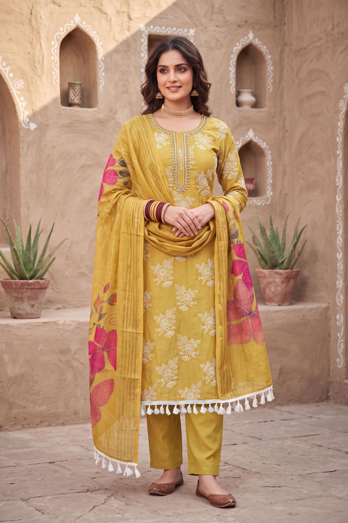 Vibrant Mustard Yellow Cotton Silk Salwar Suit and Printed Dupatta for Women