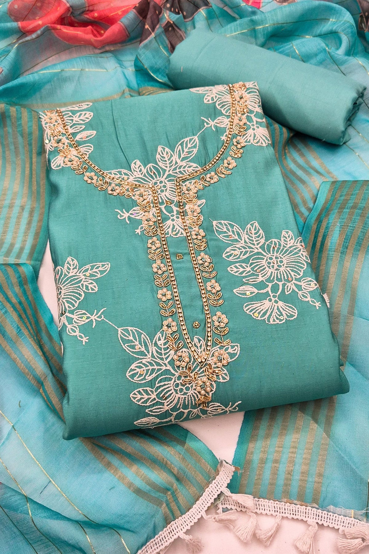 Refreshing Aqua Blue Cotton Silk Salwar Suit Printed Dupatta for Women