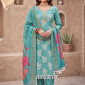 Refreshing Aqua Blue Cotton Silk Salwar Suit Printed Dupatta for Women