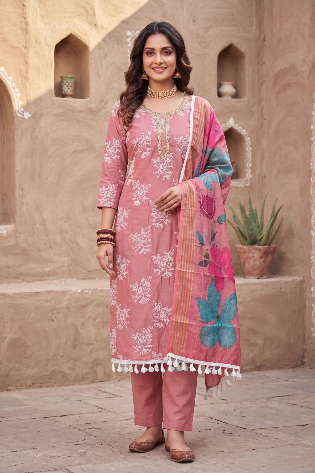 Charming Pink Cotton Silk Salwar Suit and Printed Dupatta for Women
