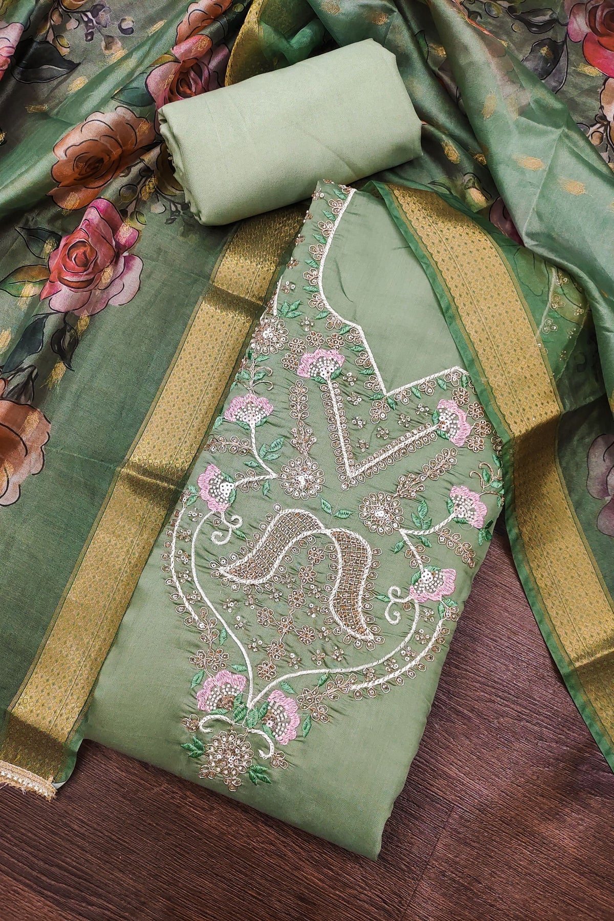 Sophisticated Olive Green Silk Salwar Suit Printed Dupatta for Women