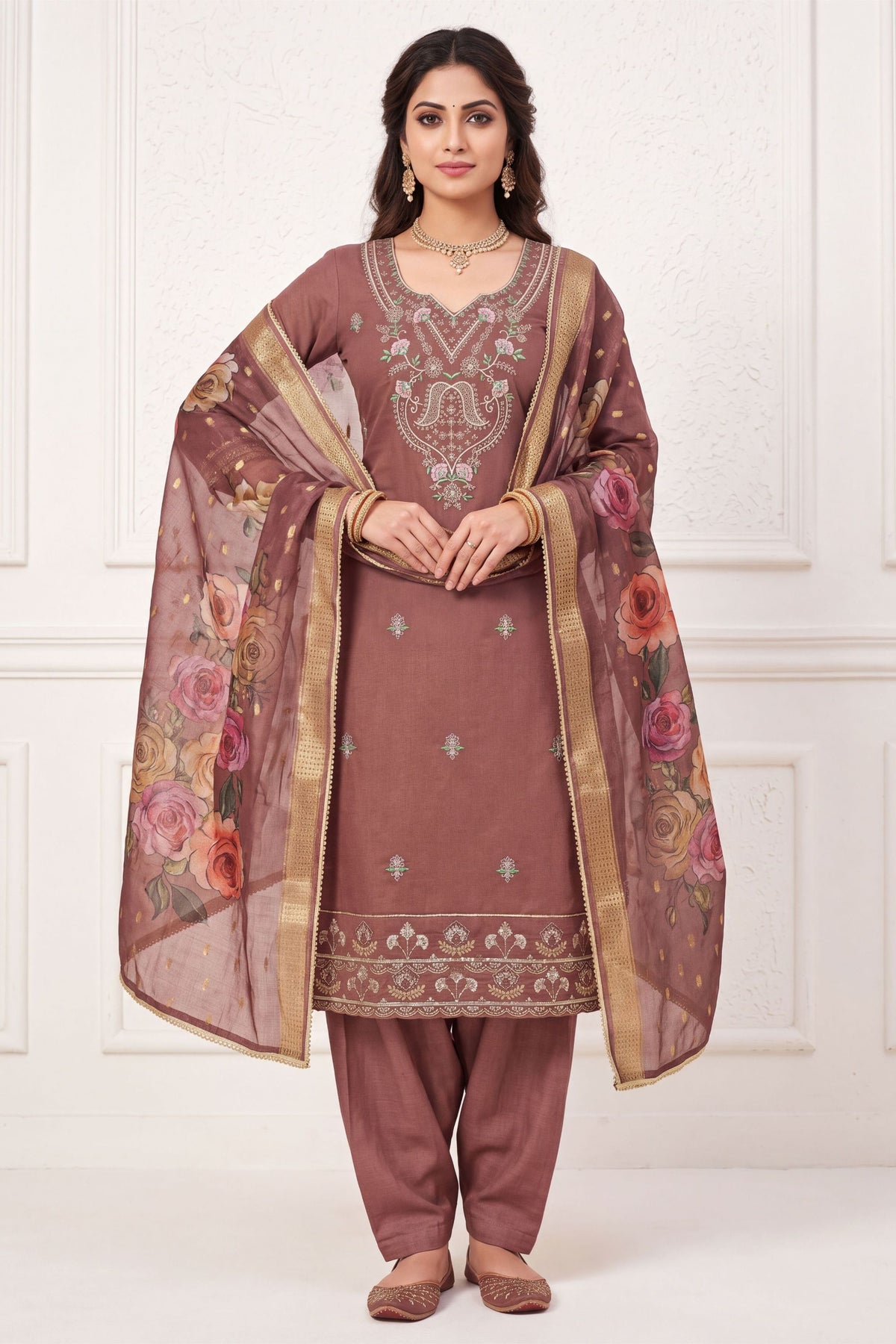 Elegant Brown Silk Salwar Suit Printed Dupatta for Women