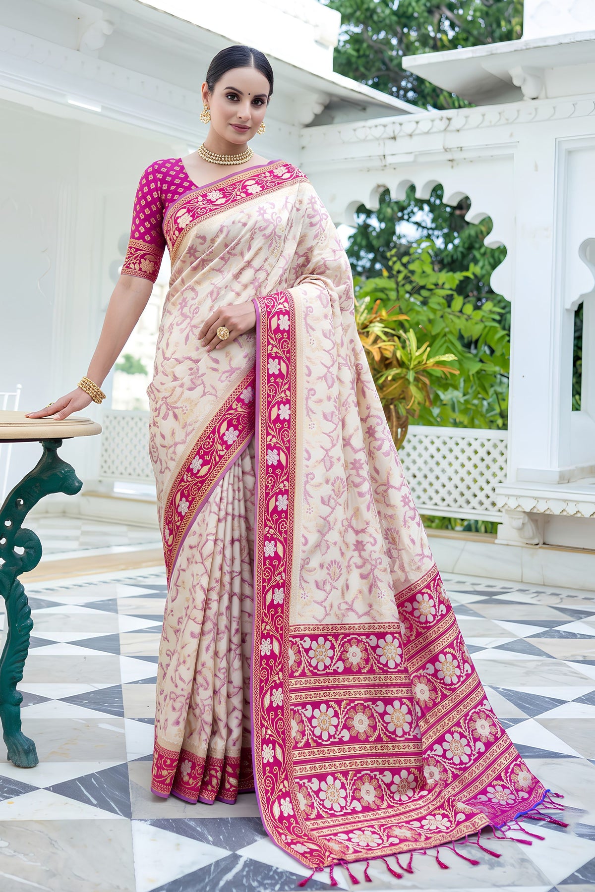 Elegant Cream Silk Woven Designer Saree for Women