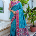 Stylish Teal Blue Silk Woven Designer Saree for Women