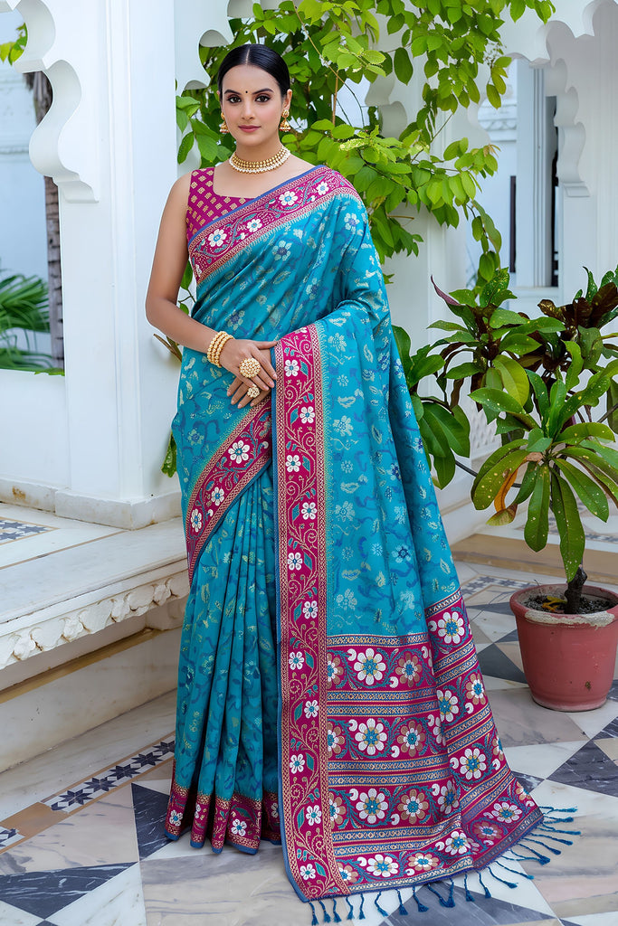 Stylish Teal Blue Silk Woven Designer Saree for Women