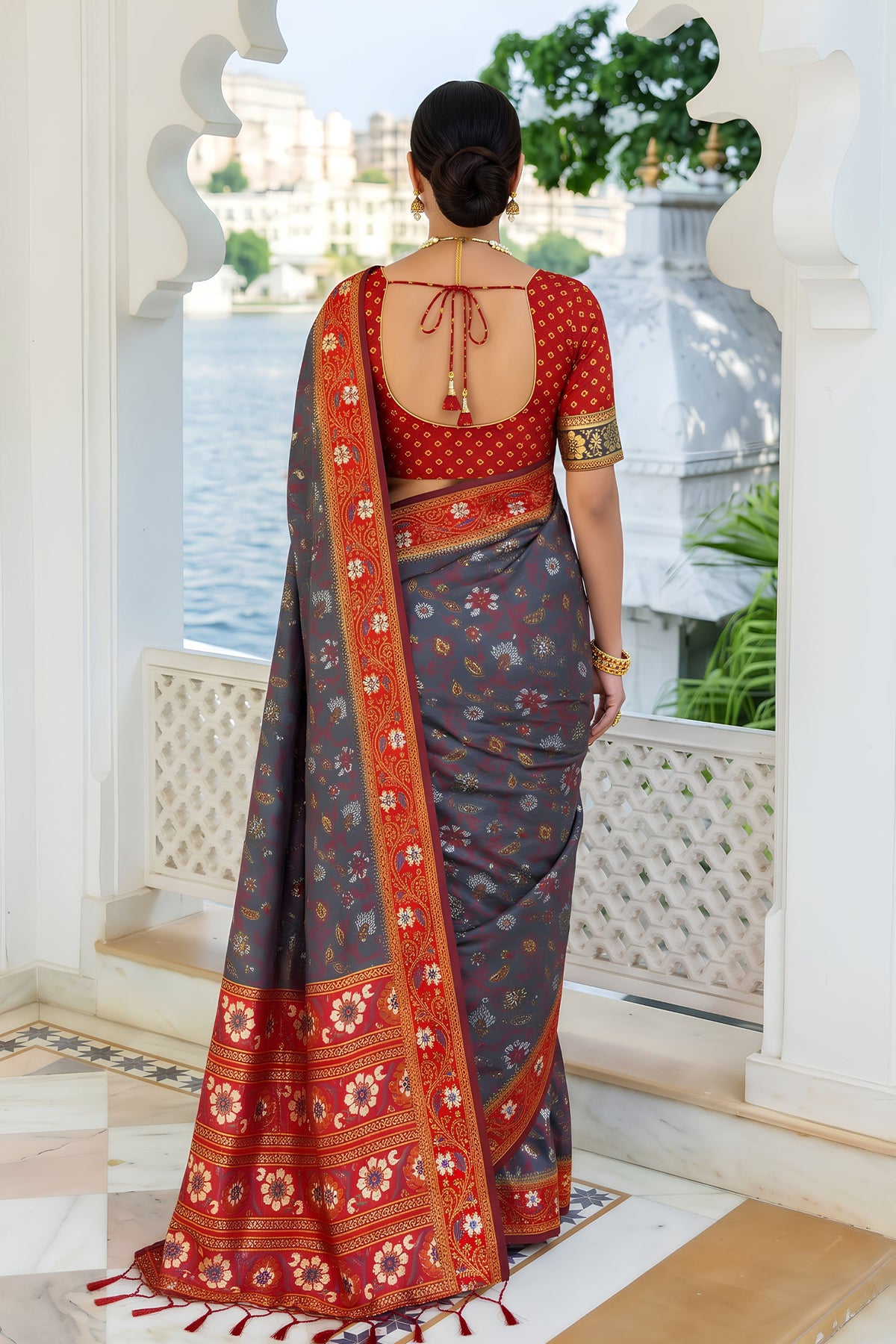 Striking Charcoal Grey Silk Woven Designer Saree for Women