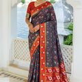 Striking Charcoal Grey Silk Woven Designer Saree for Women
