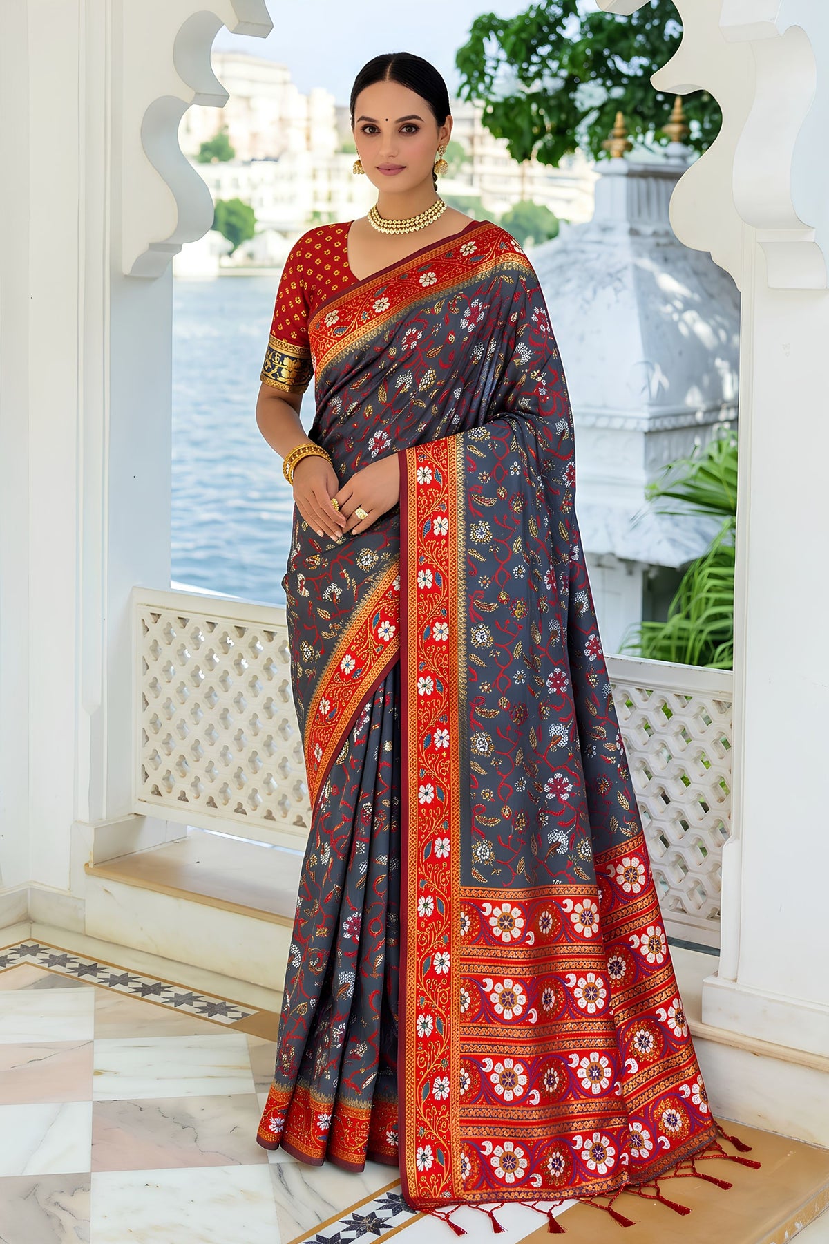 Striking Charcoal Grey Silk Woven Designer Saree for Women