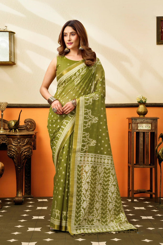 Elegant Olive Green Cotton Silk Woven Jacquard Designer Saree