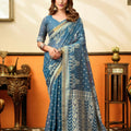 Sophisticated Steel Blue Cotton Silk Woven Jacquard Designer Saree