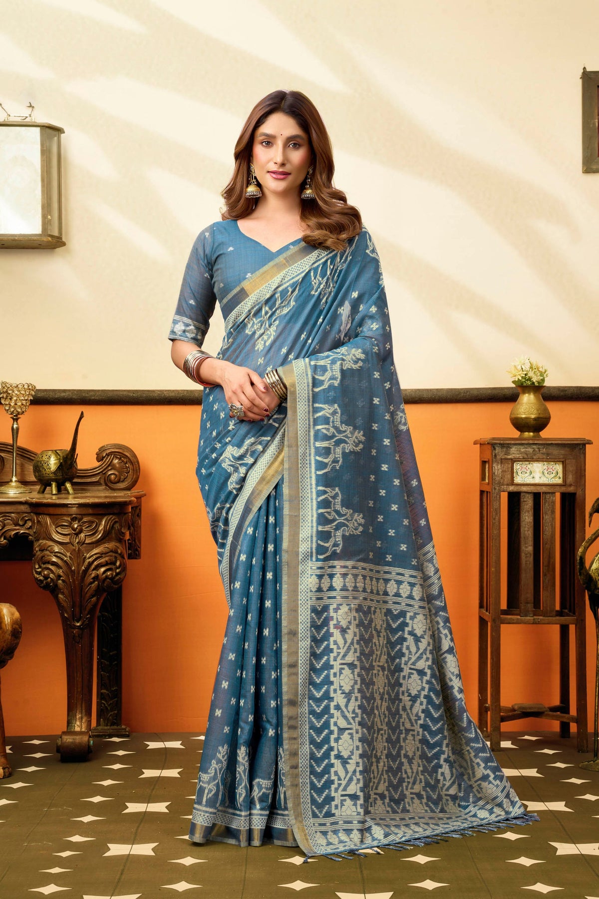 Sophisticated Steel Blue Cotton Silk Woven Jacquard Designer Saree