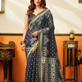 Classic Navy Blue Cotton Silk Woven Jacquard Designer Saree