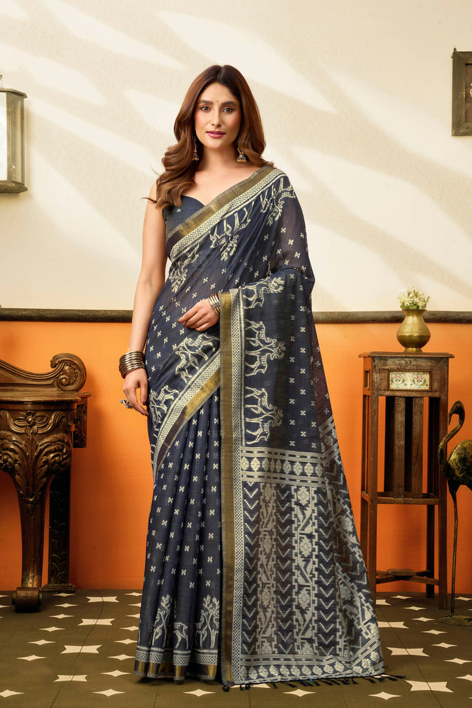 Classic Navy Blue Cotton Silk Woven Jacquard Designer Saree