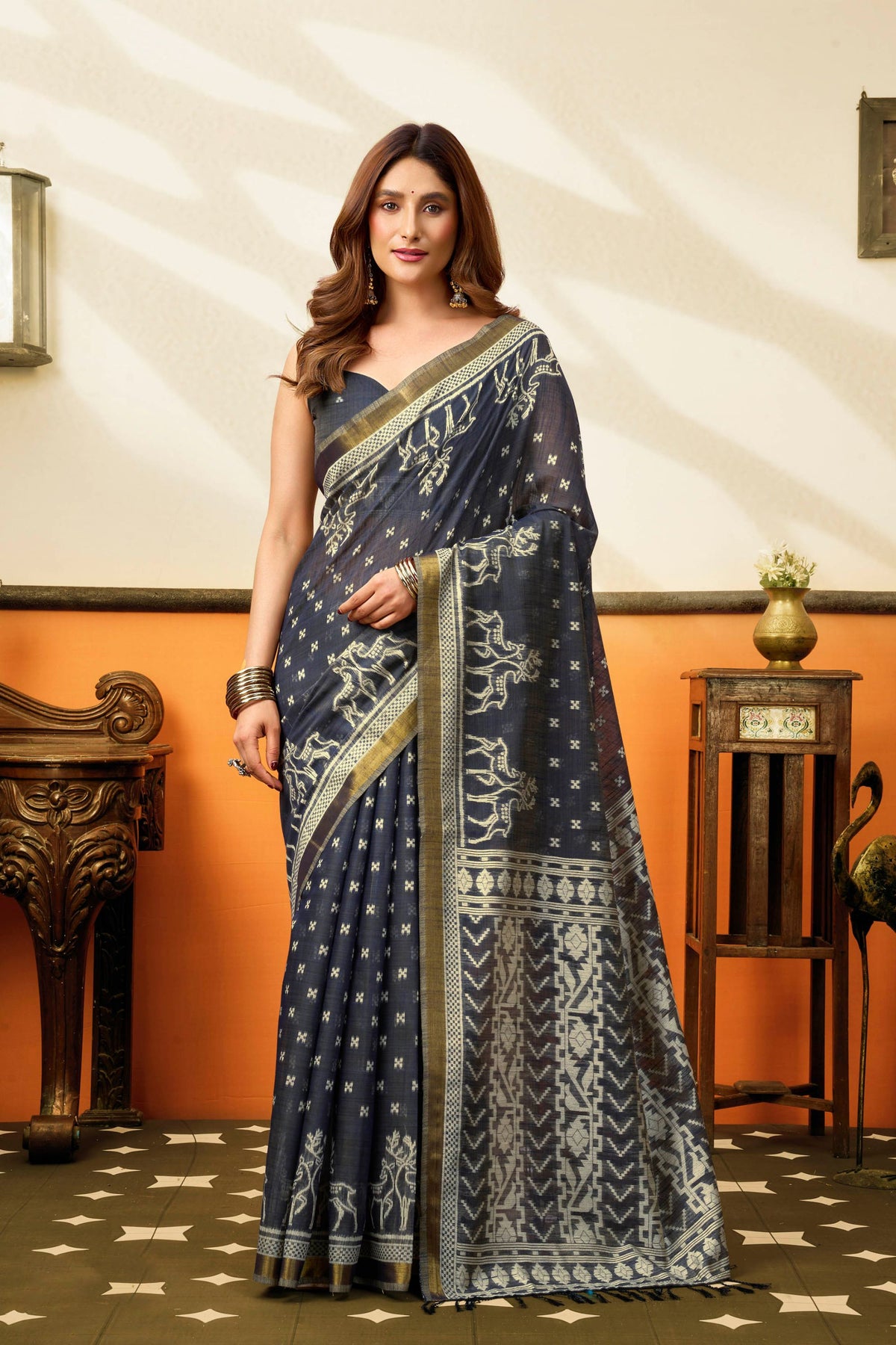 Classic Navy Blue Cotton Silk Woven Jacquard Designer Saree