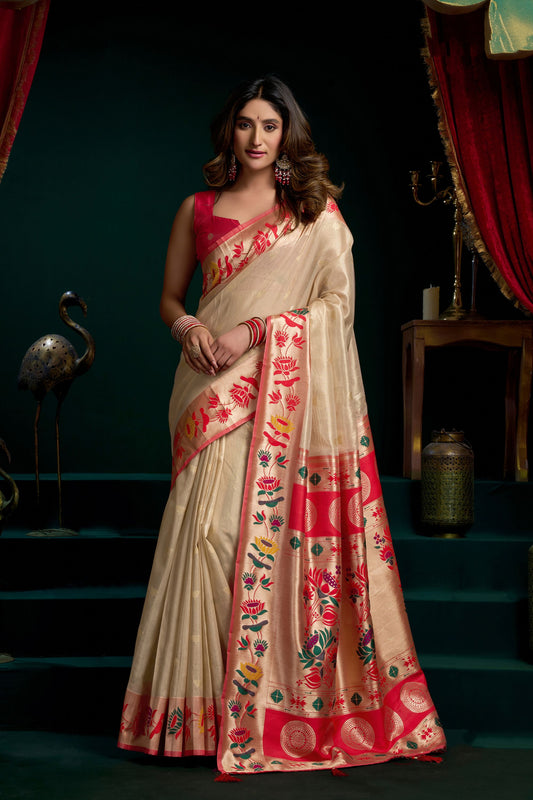 Exquisite Cream Gold Tissue Silk Woven Jacquard Saree for Women