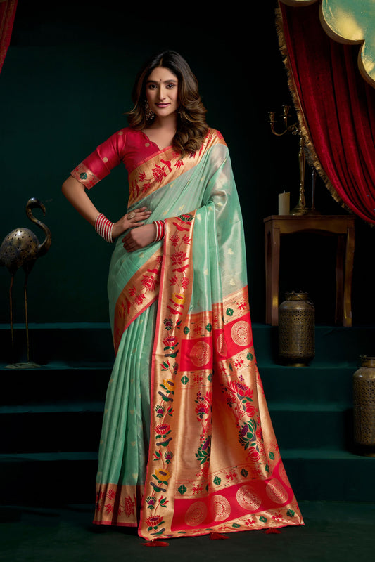 Radiant Sea Green Tissue Silk Woven Jacquard Designer Saree for Women
