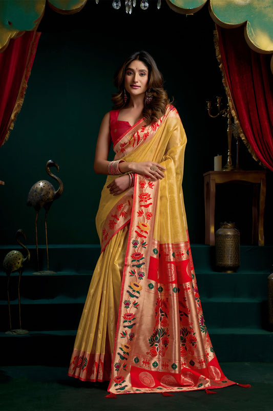 Dazzling Mustard Yellow Tissue Silk Woven Jacquard Designer Saree for Women
