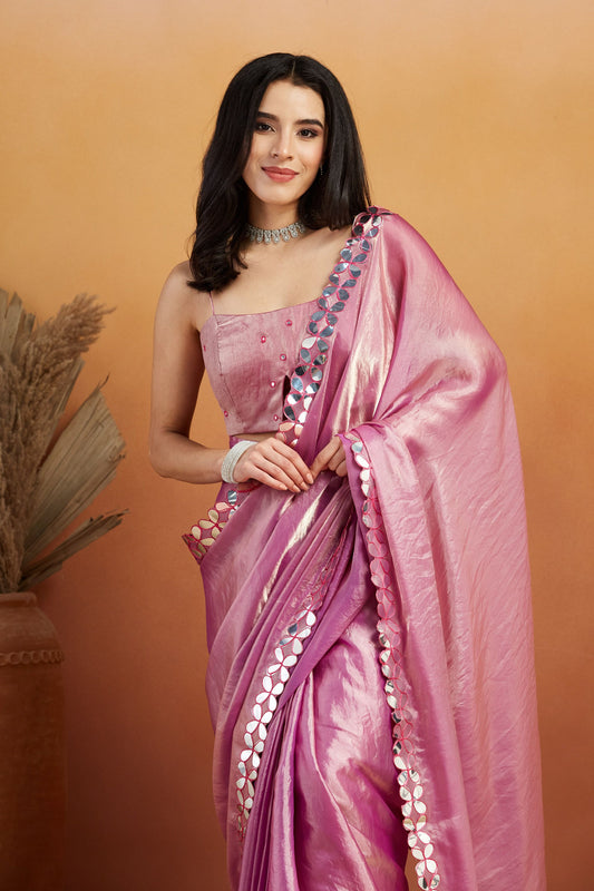 Rani Pink Satin Saree with Mirror Work Floral Border and Unstitched Blouse Piece