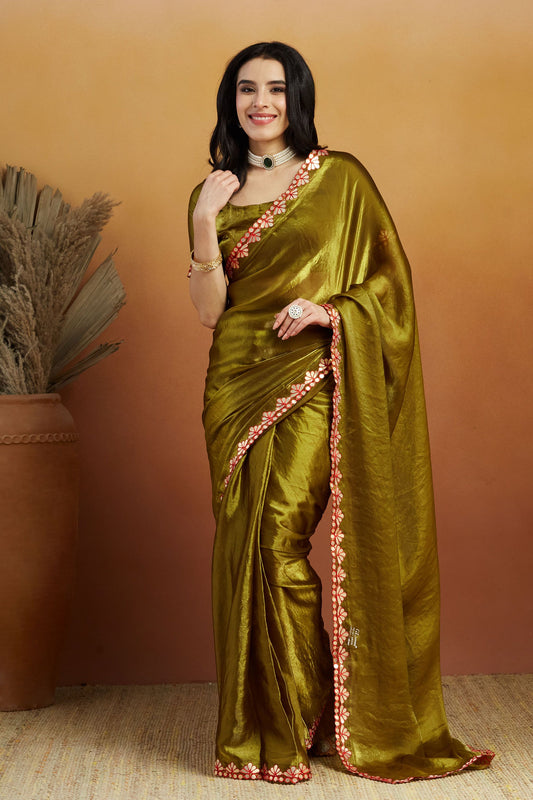 Olive Green Satin Saree with Mirror Work Floral Border and Unstitched Blouse Piece