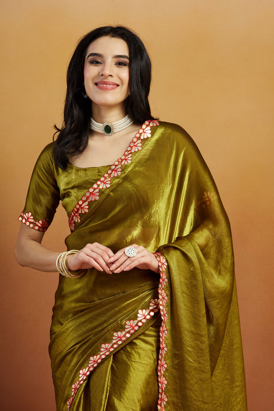 Olive Green Satin Saree with Mirror Work Floral Border and Unstitched Blouse Piece