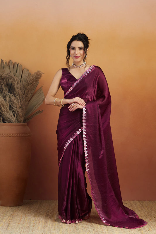 Wine Satin Silk Saree with Sequin Floral Border and Matching Blouse
