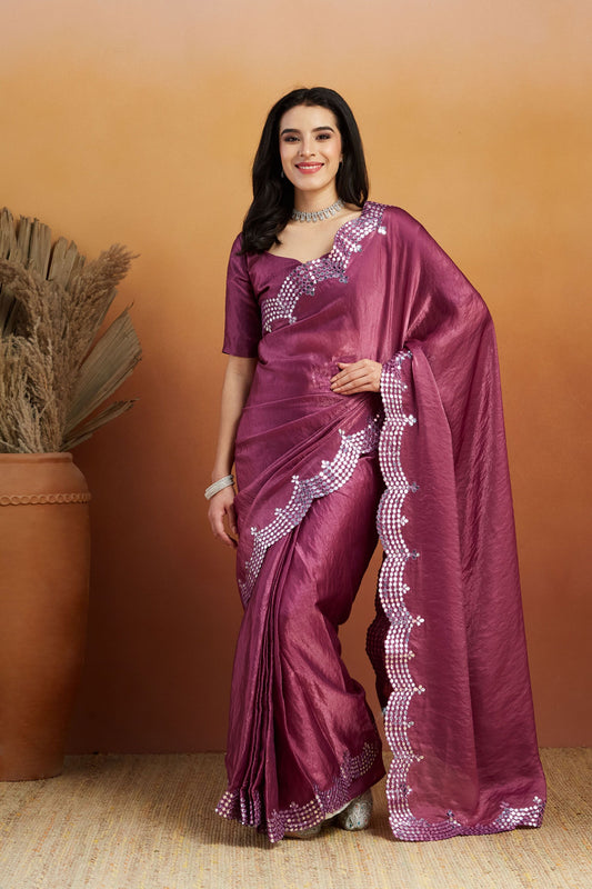 Purple Satin Silk Saree with Silver Sequin Scalloped Border and Matching Blouse
