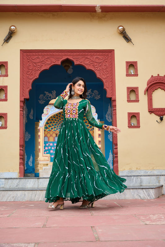 Green Bandhani Print Faux Georgette Gown with Mirror Work For Navratri