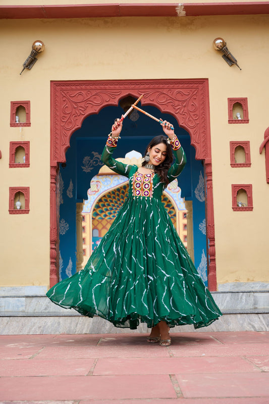 Green Bandhani Print Faux Georgette Gown with Mirror Work