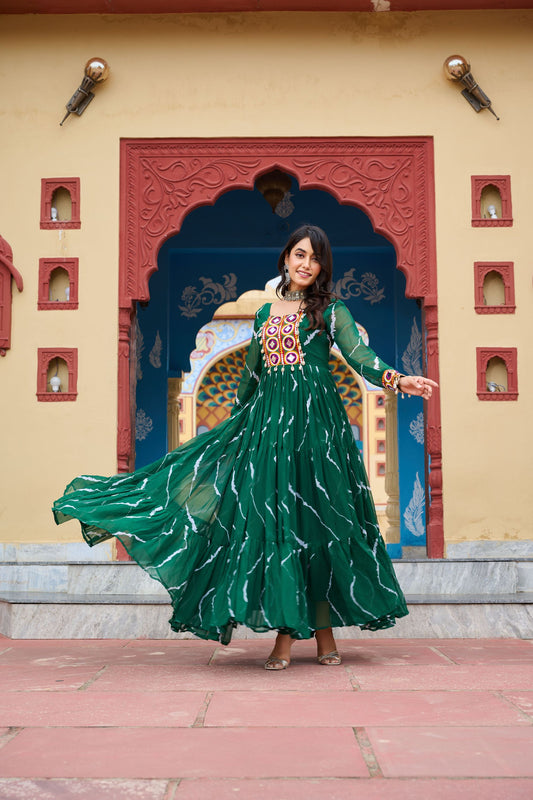 Green Bandhani Print Faux Georgette Gown with Mirror Work For Navratri
