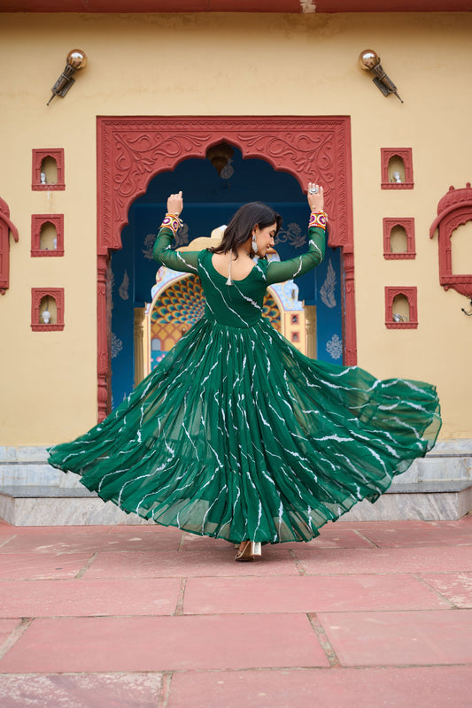 Green Bandhani Print Faux Georgette Gown with Mirror Work For Navratri
