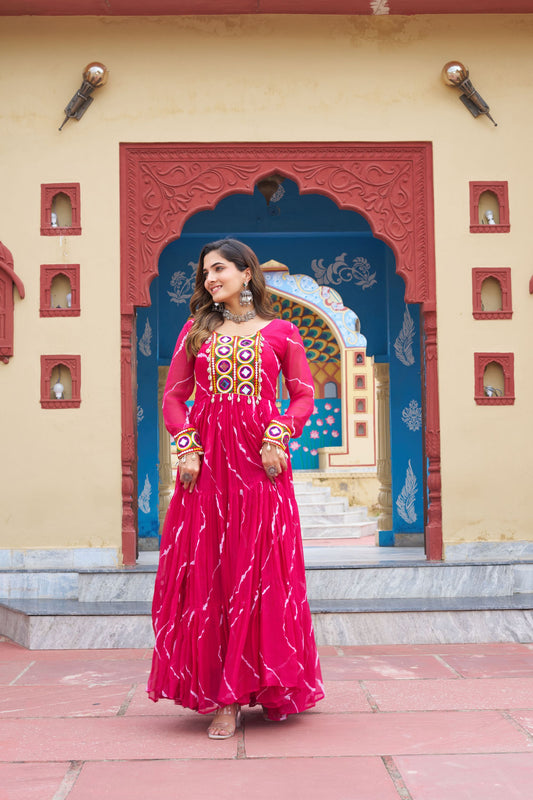 Pink Bandhani Print Faux Georgette Gown with Mirror Work For Navratri