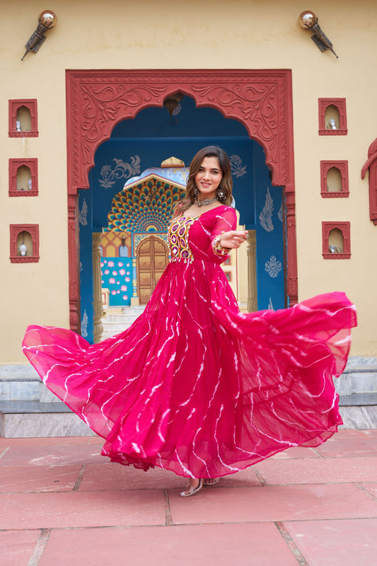 Pink Bandhani Print Faux Georgette Gown with Mirror Work For Navratri