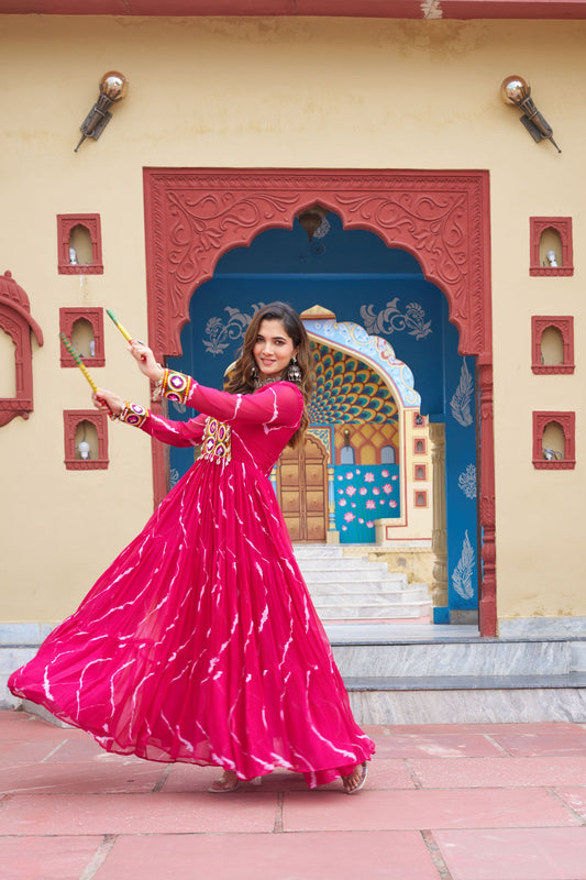 Pink Bandhani Print Faux Georgette Gown with Mirror Work For Navratri
