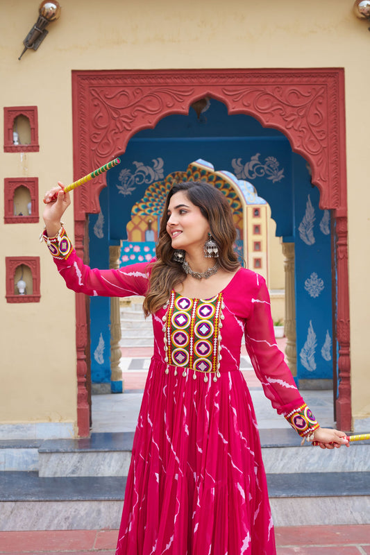 Pink Bandhani Print Faux Georgette Gown with Mirror Work For Navratri