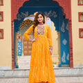 Mustard Yellow Bandhani Print Faux Georgette Gown with Mirror Work for Navratri