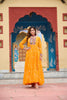 Mustard Yellow Bandhani Print Faux Georgette Gown with Mirror Work for Navratri