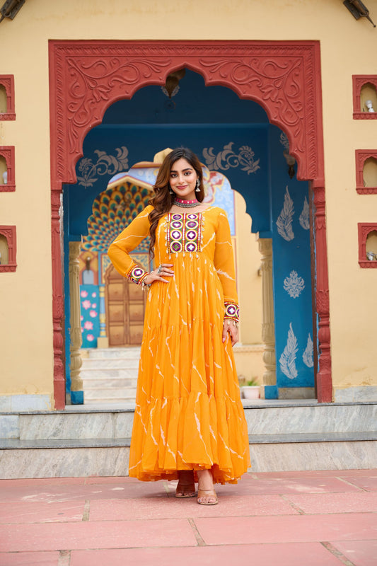 Mustard Yellow Bandhani Print Faux Georgette Gown with Mirror Work for Navratri