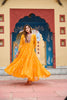 Mustard Yellow Bandhani Print Faux Georgette Gown with Mirror Work for Navratri