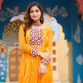 Mustard Yellow Bandhani Print Faux Georgette Gown with Mirror Work for Navratri