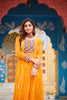 Mustard Yellow Bandhani Print Faux Georgette Gown with Mirror Work for Navratri