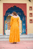 Mustard Yellow Bandhani Print Faux Georgette Gown with Mirror Work for Navratri