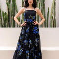 Stylish Black Floral Print Georgette Gown with Strappy Sleeves