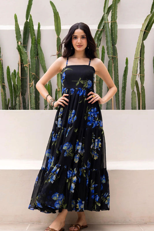 Stylish Black Floral Print Georgette Gown with Strappy Sleeves