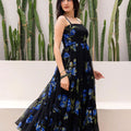 Stylish Black Floral Print Georgette Gown with Strappy Sleeves
