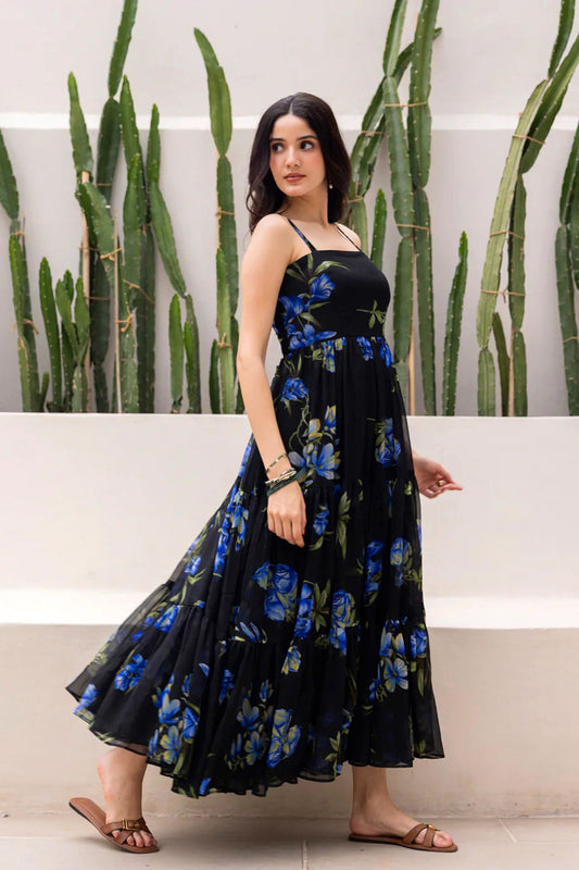 Stylish Black Floral Print Georgette Gown with Strappy Sleeves