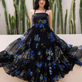 Stylish Black Floral Print Georgette Gown with Strappy Sleeves