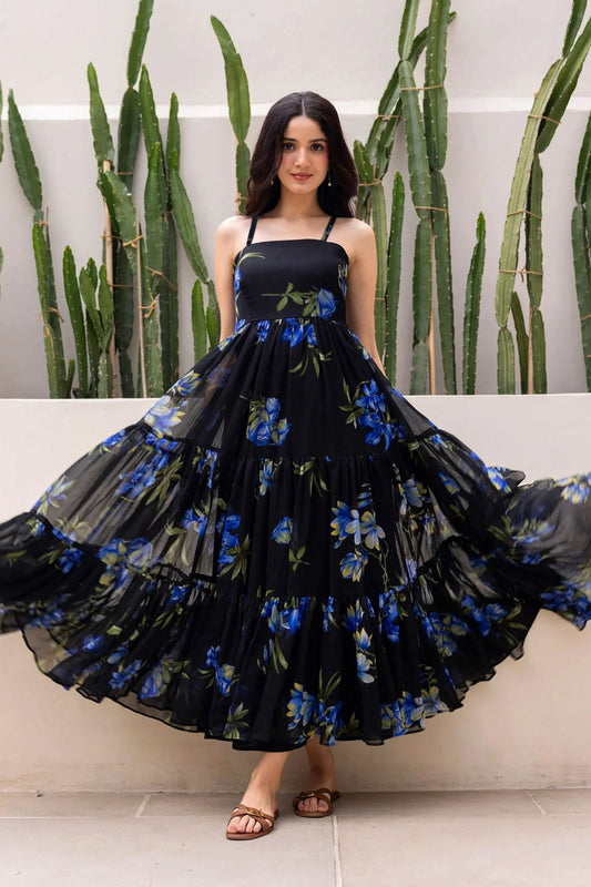 Stylish Black Floral Print Georgette Gown with Strappy Sleeves