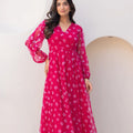 Lovely Pink Bandhani Print Georgette Maxi Dress with Sheer Sleeves and V-Neckline
